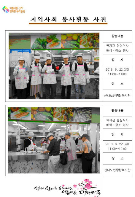 아름다운선거 행복한 우리중랑 지역사회 봉사활동 사진 1. 배식전 화이팅하는 모습 활동내용 복지관 점심식사 배식 청소봉사 일시 2018.6.22.(금) 11시부터 14시까지 장소 신내노인종합복지관 2. 배식하는 모습 활동내용 복지관 점심식사 배식 청소봉사 일시 2018.6.22.(금) 11시부터 14시까지 장소 신내노인종합복지관 선거참여로 피어나는 아름다운 대한민국