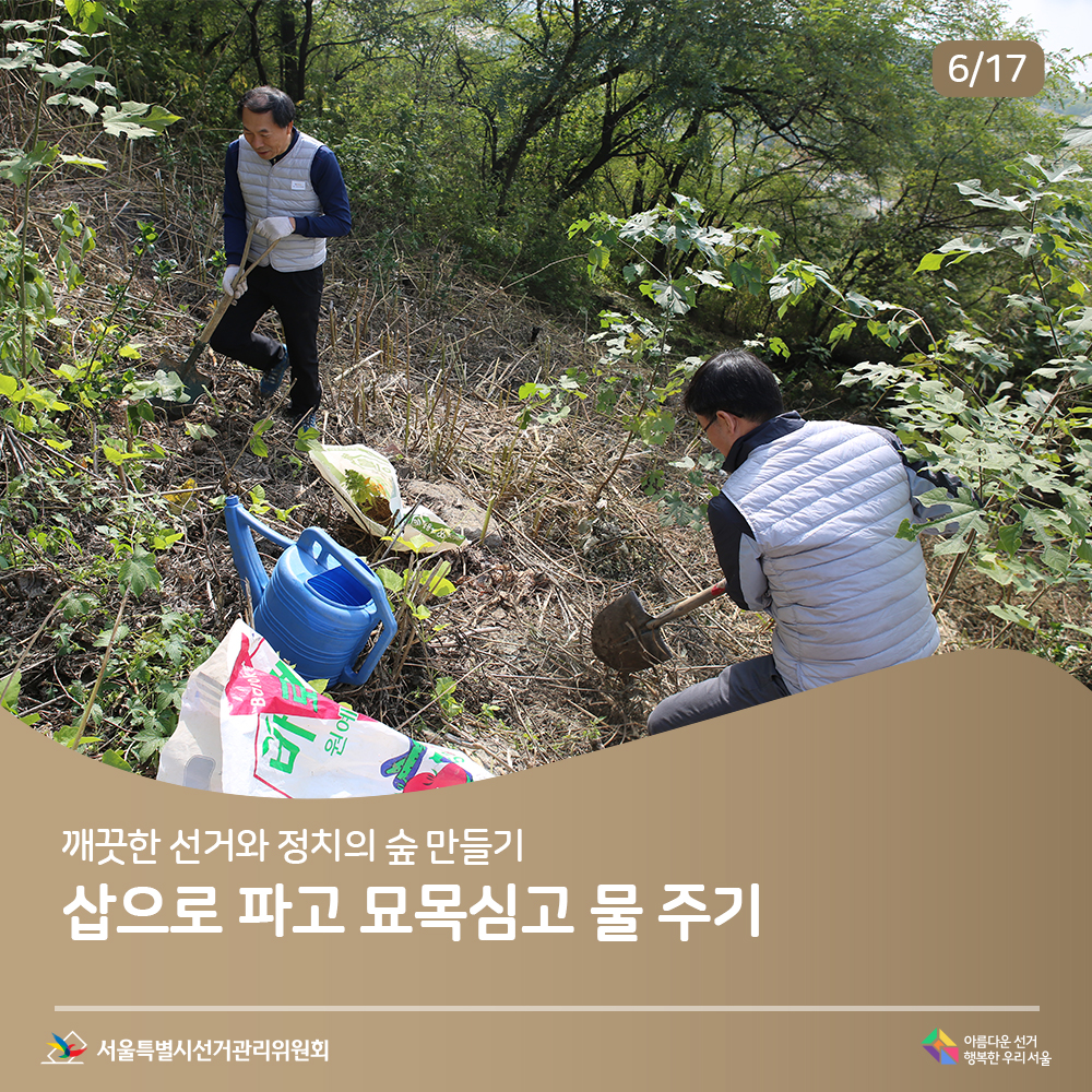 깨끗한 선거와 정치의 숲 만들기 삽으로 파고 묘목심고 물 주기(묘목 심는 장면)아름다운선거 행복한우리서울, 서울특별시선거관리위원회